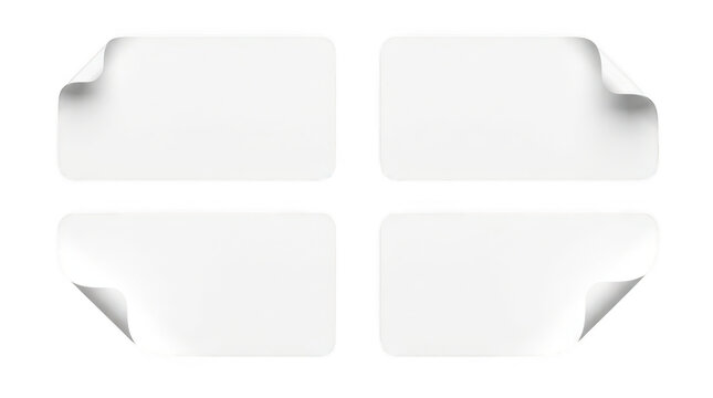 Set of blank white stickers with peeled corners isolated on transparent background