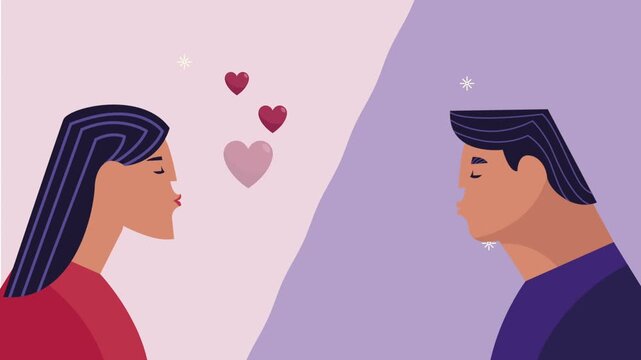 Flat animation of couple blowing kisses and hearts over split background representing long distance relationship and digital love.
