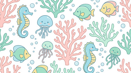 Naklejka premium Cute Underwater Creatures and Coral Pattern