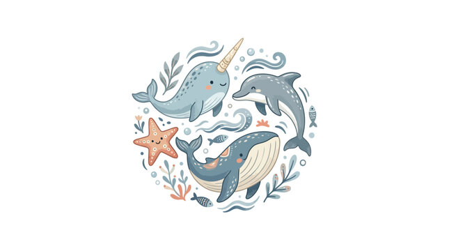 Cute Ocean Animals Circle Illustration