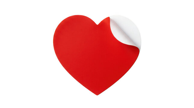 Red heart sticker with peeled corner isolated on transparent background