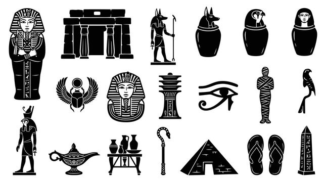 Ancient Egyptian Icons: Pharaoh, Hieroglyphs, Mythology - Black  White Glyph Art