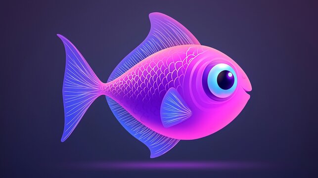 Cute pink cartoon fish with big eyes, isolated on dark background.