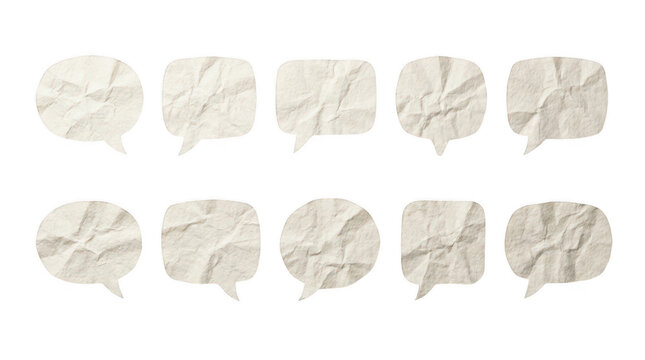 Set of crumpled paper speech bubbles and dialog tags isolated on transparent background