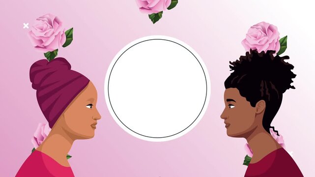 Afro descendant women profile with pink roses and circular frame on pastel background motion graphics.