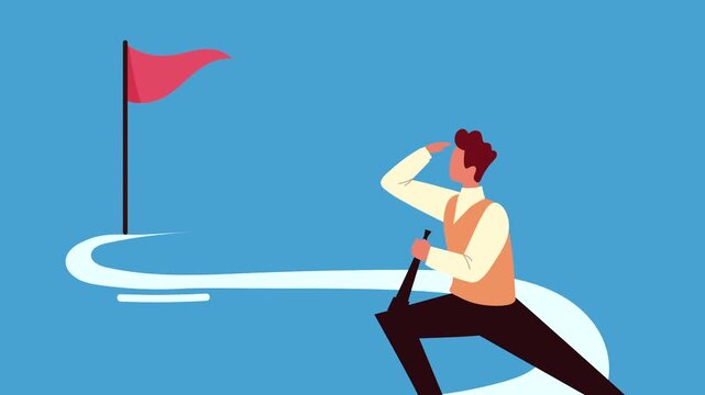 Businessman holding spyglass looking for new opportunities and setting goal, animated concept of business vision and aspiration.