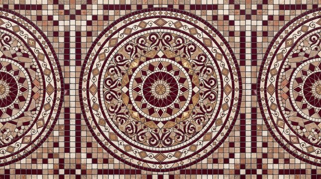 Antique mosaic floor pattern, ornate circular mandala tile design, vintage roman stone texture in brown and beige tones isolated PNG with Transparent Background