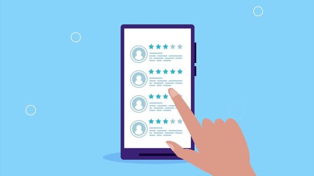 Animated hand scrolling through customer reviews and star ratings on smartphone screen representing digital feedback and online reputation.