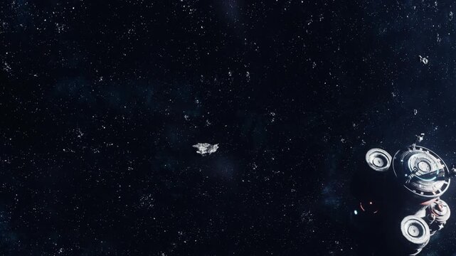A spaceship moves through a dark area of outer space. Numerous asteroids are visible nearby. Stars fill the sky creating a vast scene. This setting appears to be in deep space.