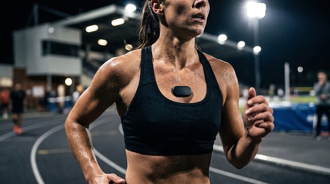 Close-up of female runner sprinting at night track with a chest biometric sensor depicting advanced sports performance telemetry and real-time heart rate monitoring.