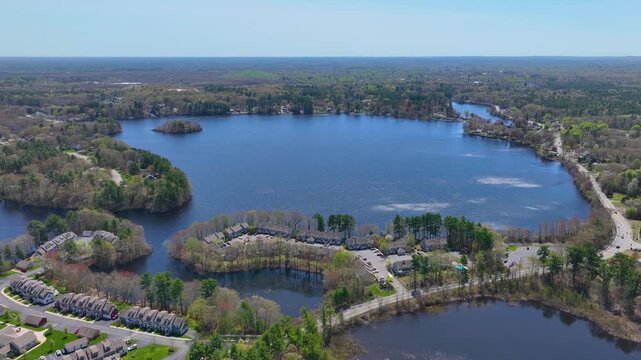 Watson Pond and Lake Sabbatia aerial view in spring in Watson Pond State Park in city of Taunton, Bristol County, Massachusetts MA, USA. 