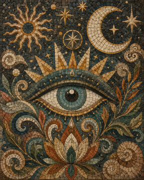 Mystical Eye Mosaic with Sun Moon Stars and Botanical Celestial Symbols