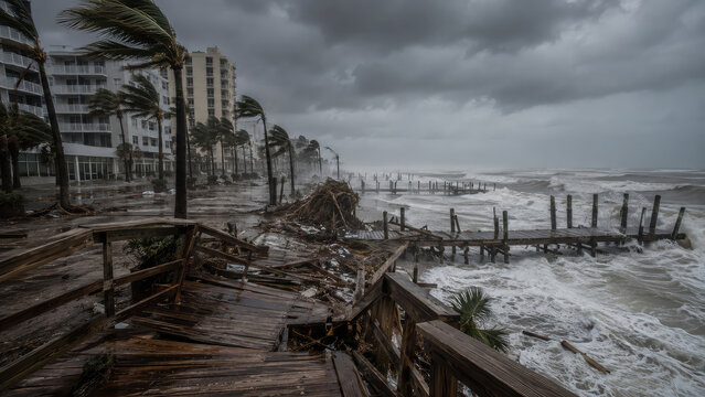 Hurricane Storm Surge Damaging Coastal City with Flooded Boardwalk and Palm Trees
