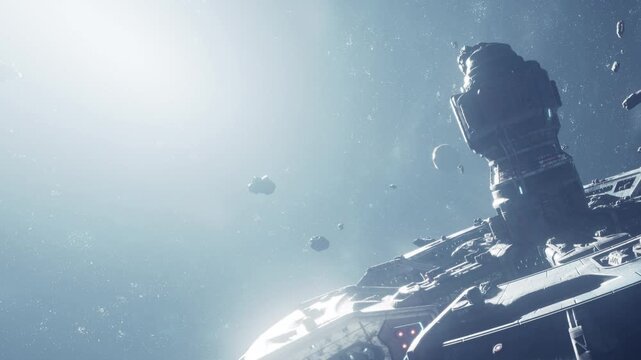 A space station is floating in the vastness of deep space. Distant asteroids drift nearby while bright light shines in the background. The scene shows the emptiness of the cosmos.