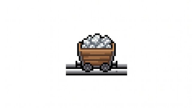 8-bit pixel art of a wooden minecart filled with silver ores cave game asset isolated on white.