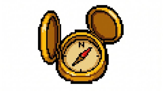8-bit pixel art of a classic gold pocket compass exploration game asset isolated on white.