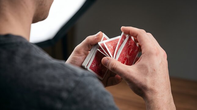 Magician hands shuffling red playing cards in studio for magic trick