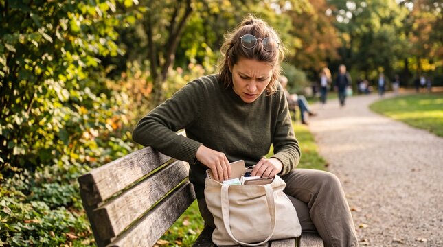 Confused young woman searching through her canvas tote bag while sitting on a park bench symbolizing misplaced items, busy urban life, and daily stress.