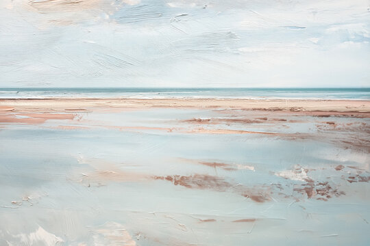 Abstract seascape painting showing a serene beach, calm ocean, and soft clouds under a pastel sky, creating a tranquil coastal scene