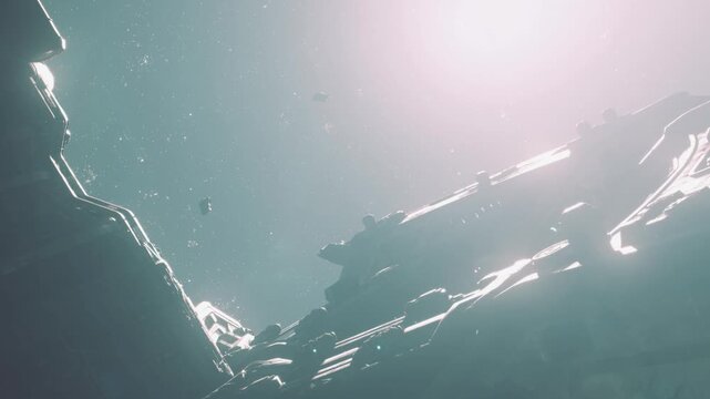 In a distant galaxy, several ships and pieces of debris float in space. The area is lit by a bright light from an unknown source. The scene shows the vastness of space and objects.