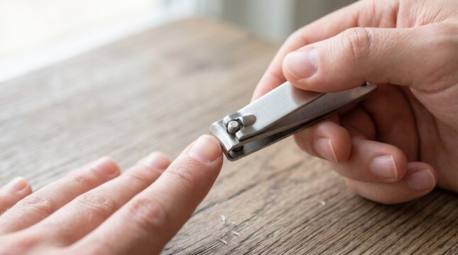 Macro shot of hands trimming fingernails with stainless steel nail clippers highlighting daily nail care, personal hygiene, and grooming routines.