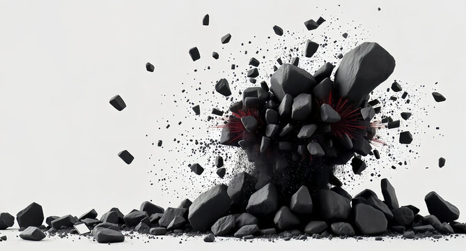 Exploding dark stone rock debris flying in air isolated on white background
