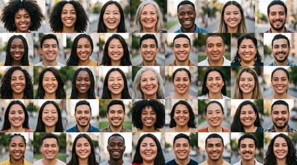 Obraz premium A Tapestry of Faces: A vibrant collage showcasing a diverse array of individuals, each with a unique smile, celebrating the beauty of human diversity and connection in a mosaic of expressions.