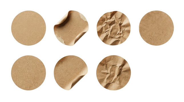 Set of round brown kraft paper stickers and labels isolated on transparent background