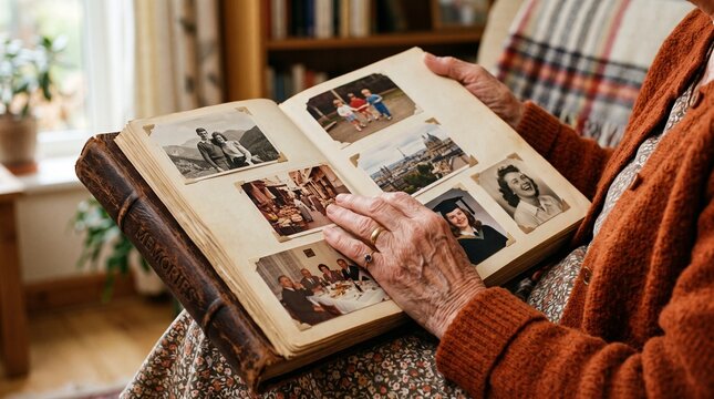 Cherished Memories: An elderly person looks through a vintage photo album filled with treasured memories, reminiscing about past moments and family history.