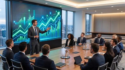 Fototapeta premium Male presenter giving a business strategy talk with financial stock charts on a high-tech boardroom display conveying data analysis and executive decision-making.