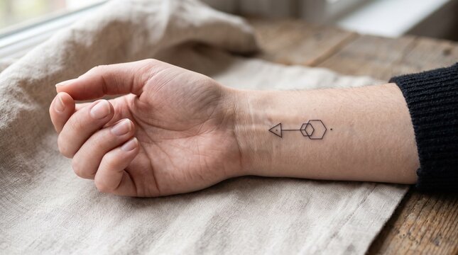 Minimalist Wrist Tattoo: A close-up shot showcases a person's wrist adorned with a subtle, geometric tattoo featuring an arrow and abstract shapes, set against a textured fabric backdrop.