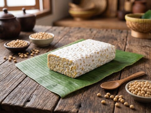 Block of fresh raw soybean tempeh resting on a banana leaf surrounded by dry soybeans representing traditional Indonesian food and plant-based protein.