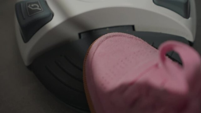 Close up of pink shoe repeatedly pressing down on orthodontic device pedal demonstrating action in detail. interaction shows consistent movement and texture details. Soft lighting highlights