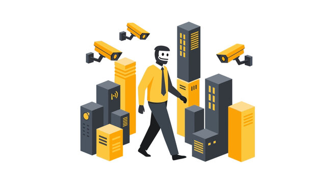 Surveillance and Privacy Concept in Smart City with Security Cameras and Businessman Isometric Illustration