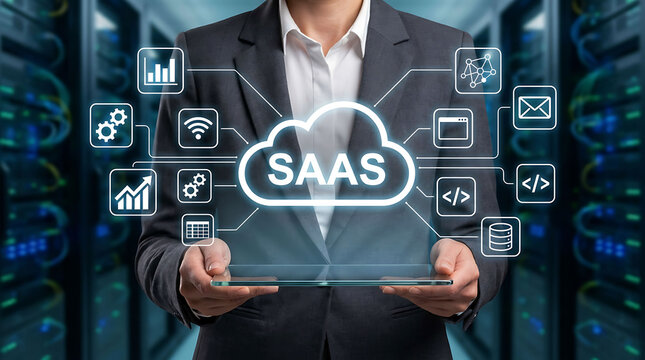 Professional holding digital tablet with SaaS cloud computing icons in datacenter