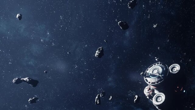 A spacecraft moves carefully through an asteroid belt located in outer space. The scene shows various asteroids floating around the spacecraft. It is a clear view of the cosmos.