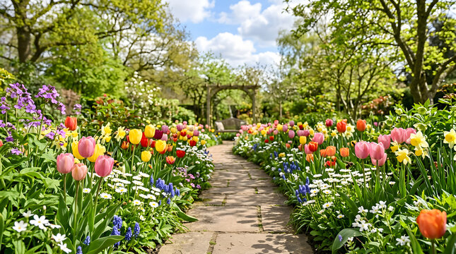 Beautiful Spring Flower Garden with Pathway and Blooming Tulips