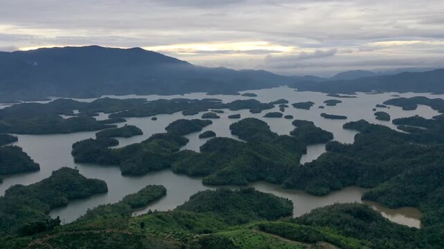 Breathtaking drone footage of Ta Dung Lake, known as the Ha Long Bay of the Central Highlands, Dak Nong, Vietnam.
