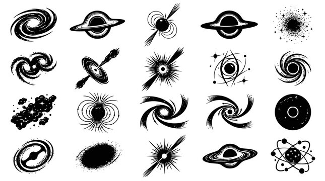 Black and white space icons, galaxies, black holes, nebulae, abstract art