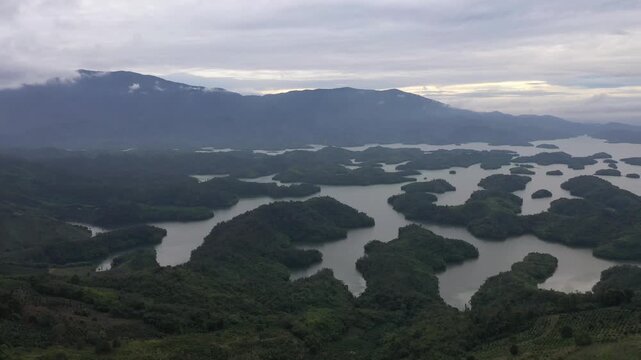 Breathtaking drone footage of Ta Dung Lake, known as the Ha Long Bay of the Central Highlands, Dak Nong, Vietnam.