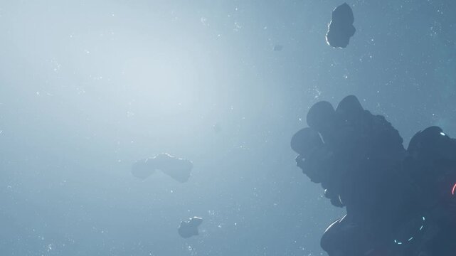 A spacecraft is floating in space surrounded by many asteroids. Bright light from a distant star shines from one side. The scene shows a dark, vast area with floating rocks.