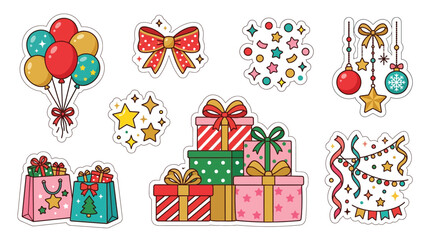 Fototapeta premium Collection of festive Christmas and New Year's holiday elements including gift boxes, balloons, bows, and decorations.