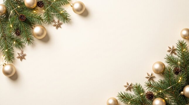 Festive christmas corner frame with ornaments and evergreen branches on a white background