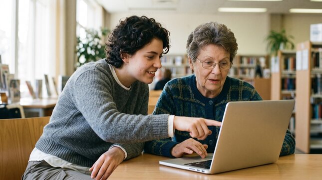 Tech-Savvy Seniors: A young woman assists an elderly woman with a laptop in a bright, modern library, fostering intergenerational connection and digital literacy.