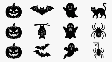 Fototapeta premium Modern Black and White Halloween Themed Icons Set Including Jack O Lanterns Bats Ghosts Black Cats Spiders and Flying Creatures