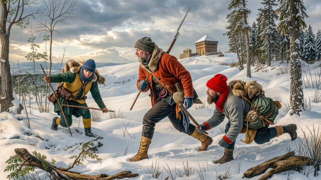 Hunters are tracking an animal in a winter landscape with mountains and snow on a cloudy afternoon. Renaissance style