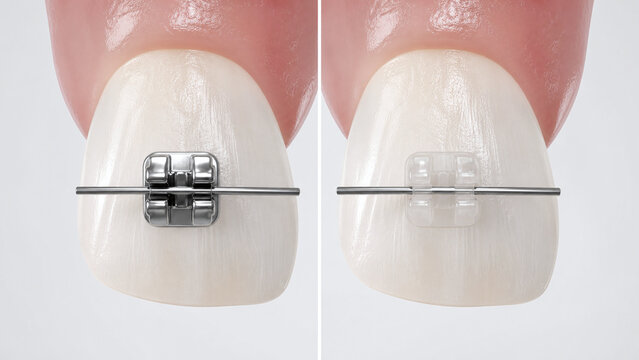 Metal and ceramic braces visibility comparison on tooth