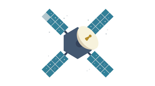 Orbital satellite with solar panels for telecommunications in modern flat vector illustration for aerospace technology and global connectivity marketing