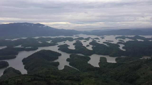 Breathtaking drone footage of Ta Dung Lake, known as the Ha Long Bay of the Central Highlands, Dak Nong, Vietnam.