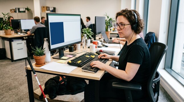 Inclusive Workspace: A focused woman with glasses and headphones works diligently at her computer in a modern office environment, demonstrating accessibility and productivity in the workplace.